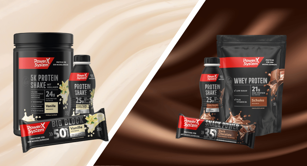 Stimmungsbild mit verschiedenen Power System Produkten in den Sorten Vanille und Schokolade