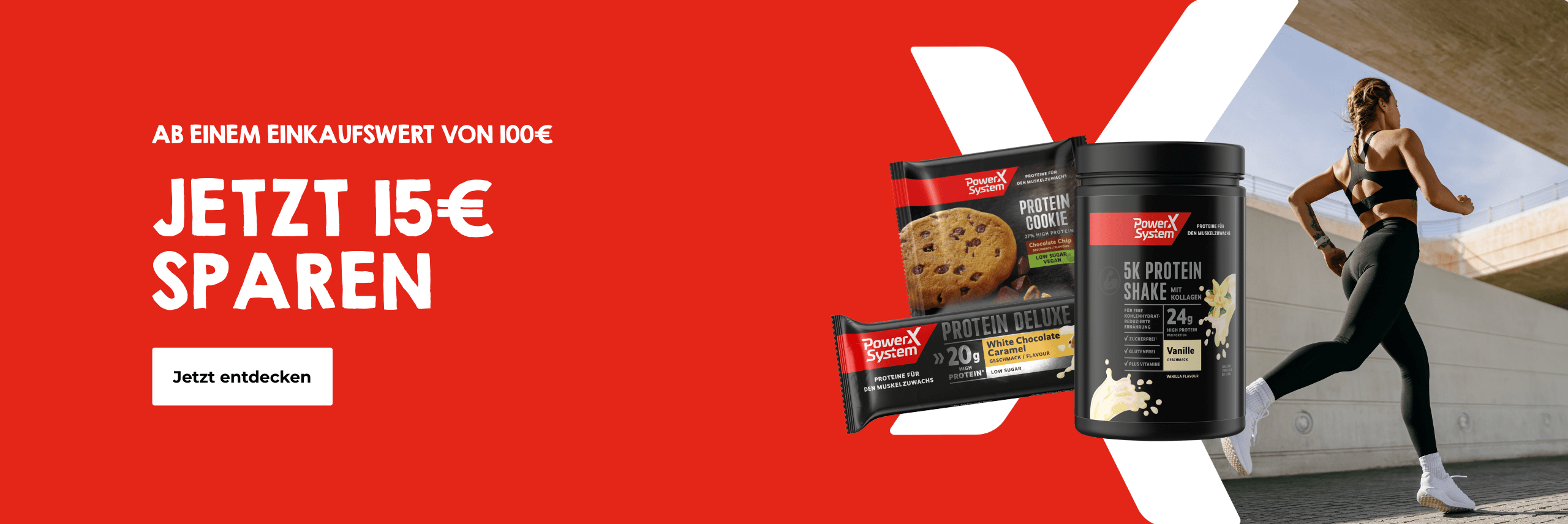 Jetzt 15€ sparen ab 100€ Einkaufswert. Frau die joggt.