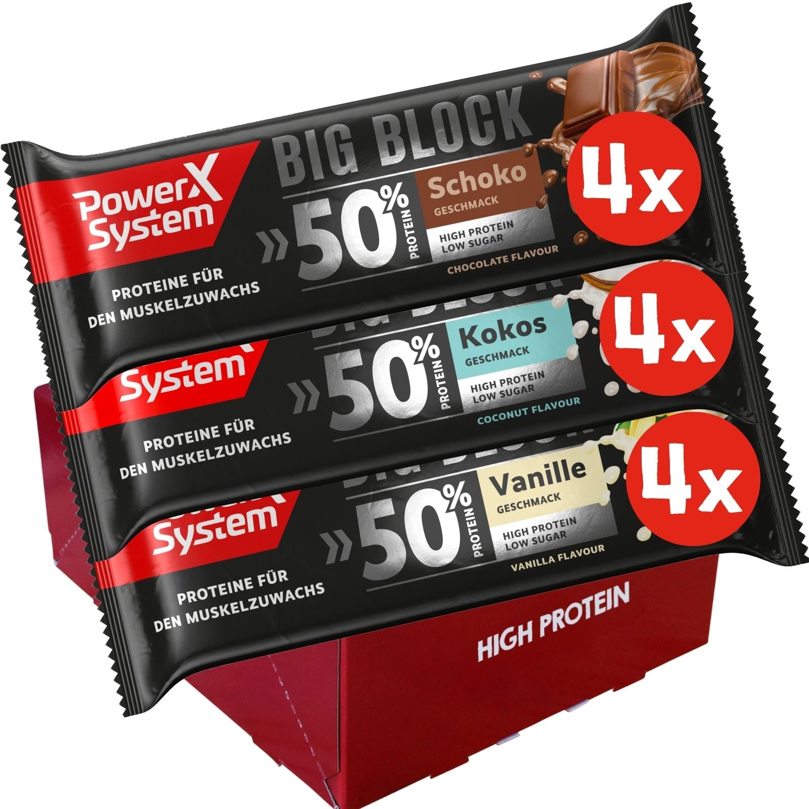 Big Block Mix Pack je 4 Riegel Vanille, Kokos und Schoko