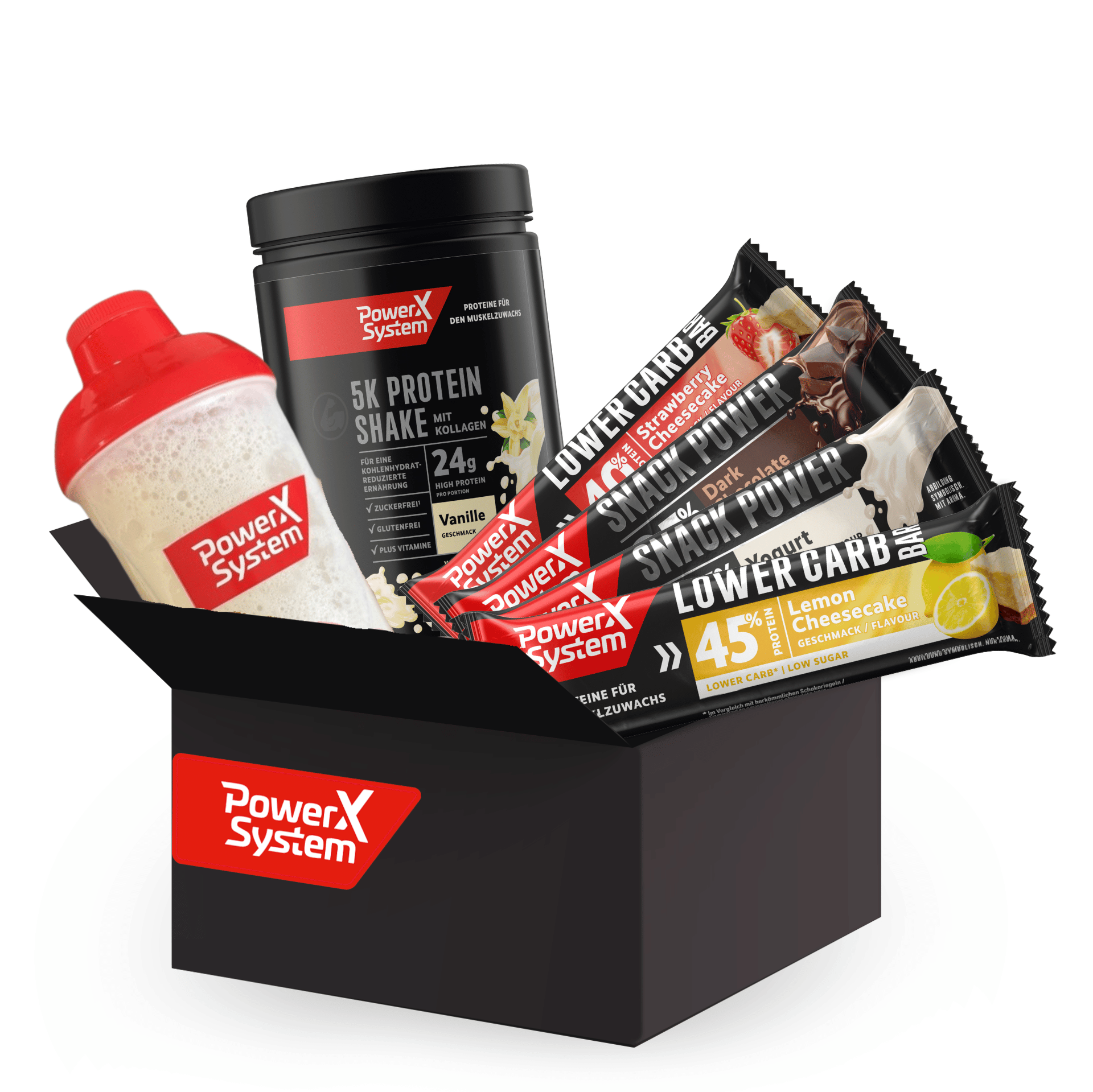 Gewinnpaket mit Shaker, 5K Proteinpulver und Proteinriegel
