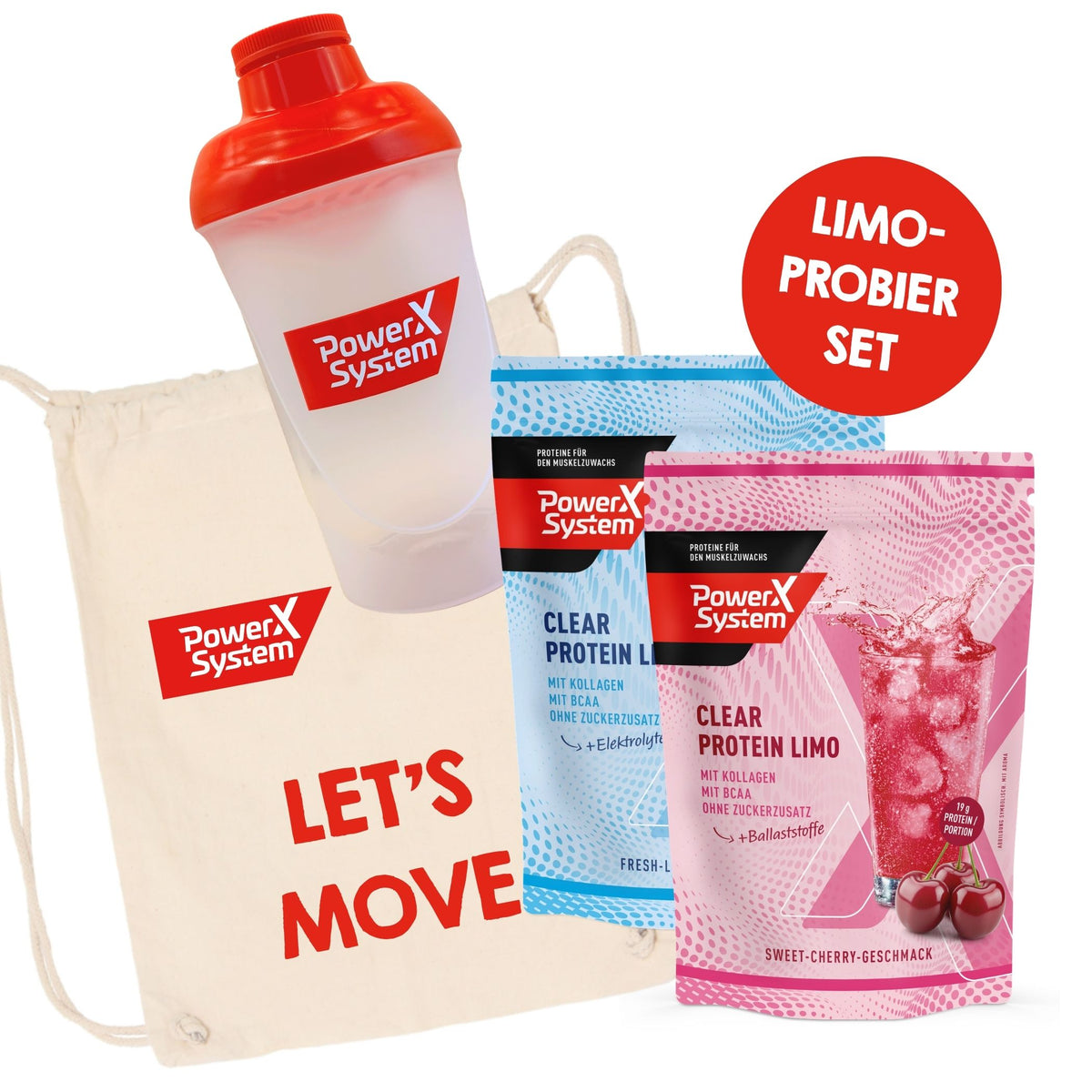 Power System Summer Set Mix mit zwei Clear Protein Limo Pulverbeuteln (Sweet-Cherry rosa und Fresh-Lemon hellblau), einem transparenten Protein-Shaker mit rotem Deckel und Power System Logo sowie einem beigen Baumwoll-Turnbeutel mit rotem Aufdruck "Let's Move". Alle Produkte mit Power System Branding auf weißem Hintergrund. Rotes Banner mit Aufschrift "Summer Set Mix".