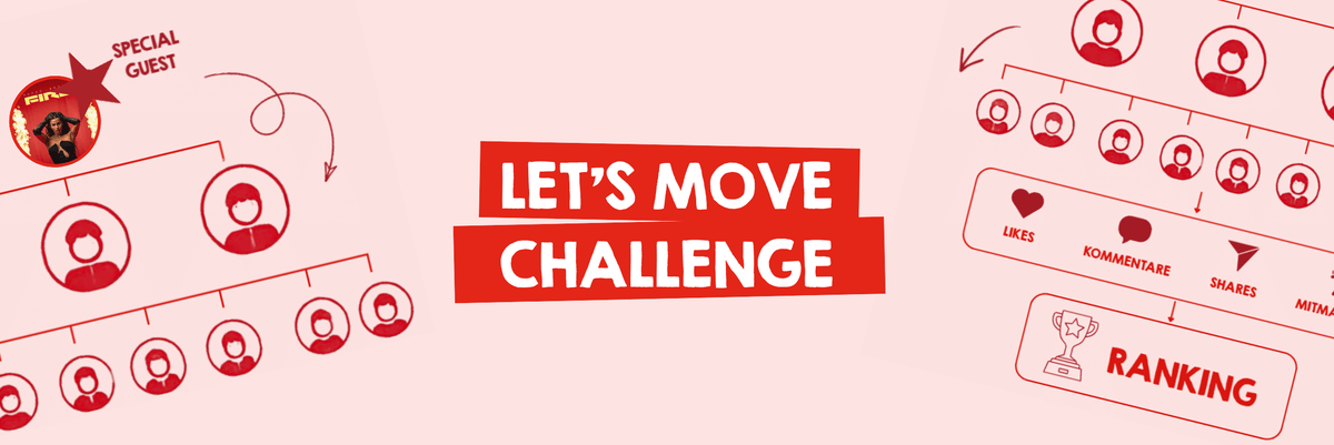 Introbild zur neuen Lets Move Challenge, die mit Zeichnungen den Ablauf skizziert und Interesse weckt