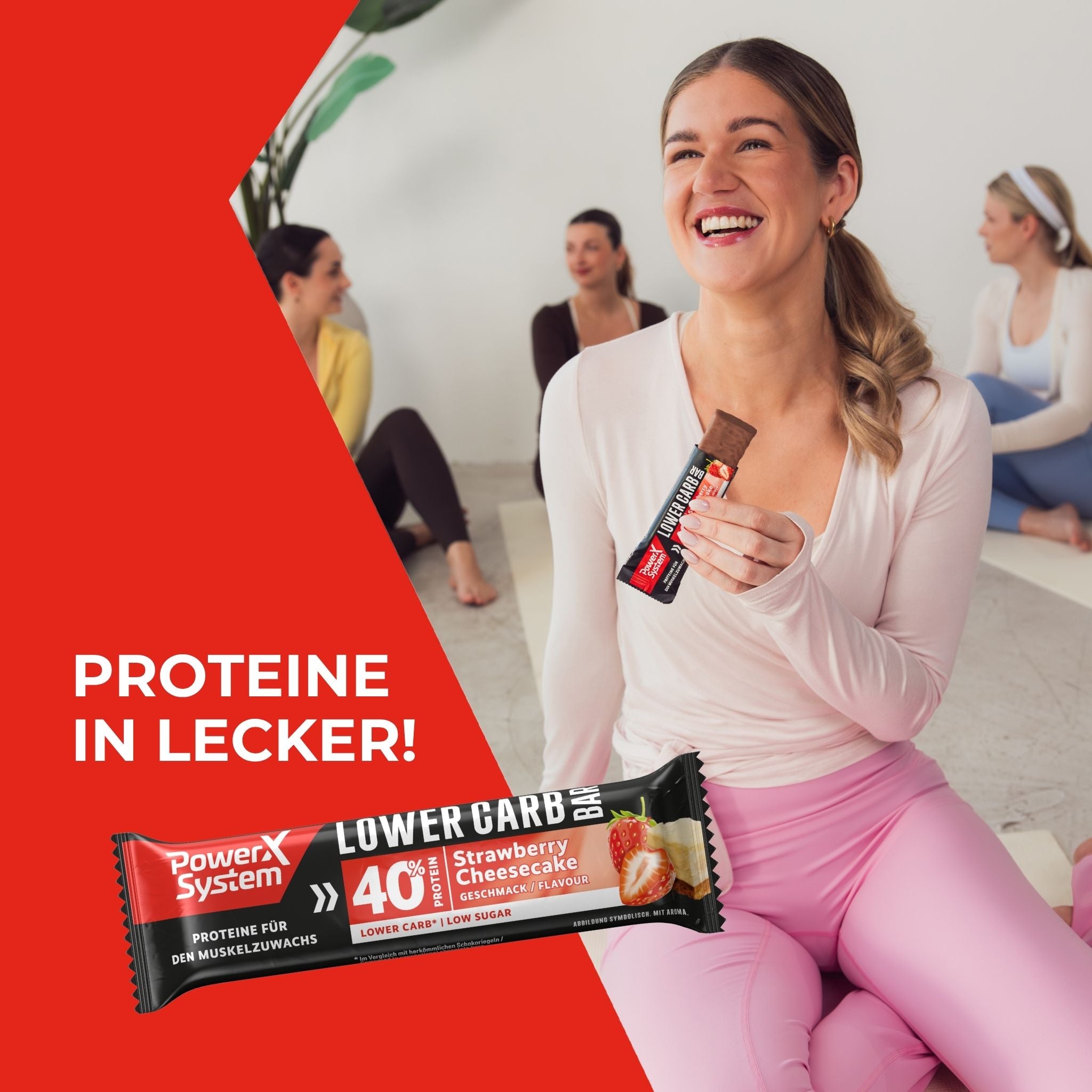 Menschen beim Sport. Spruch: Proteine in lecker