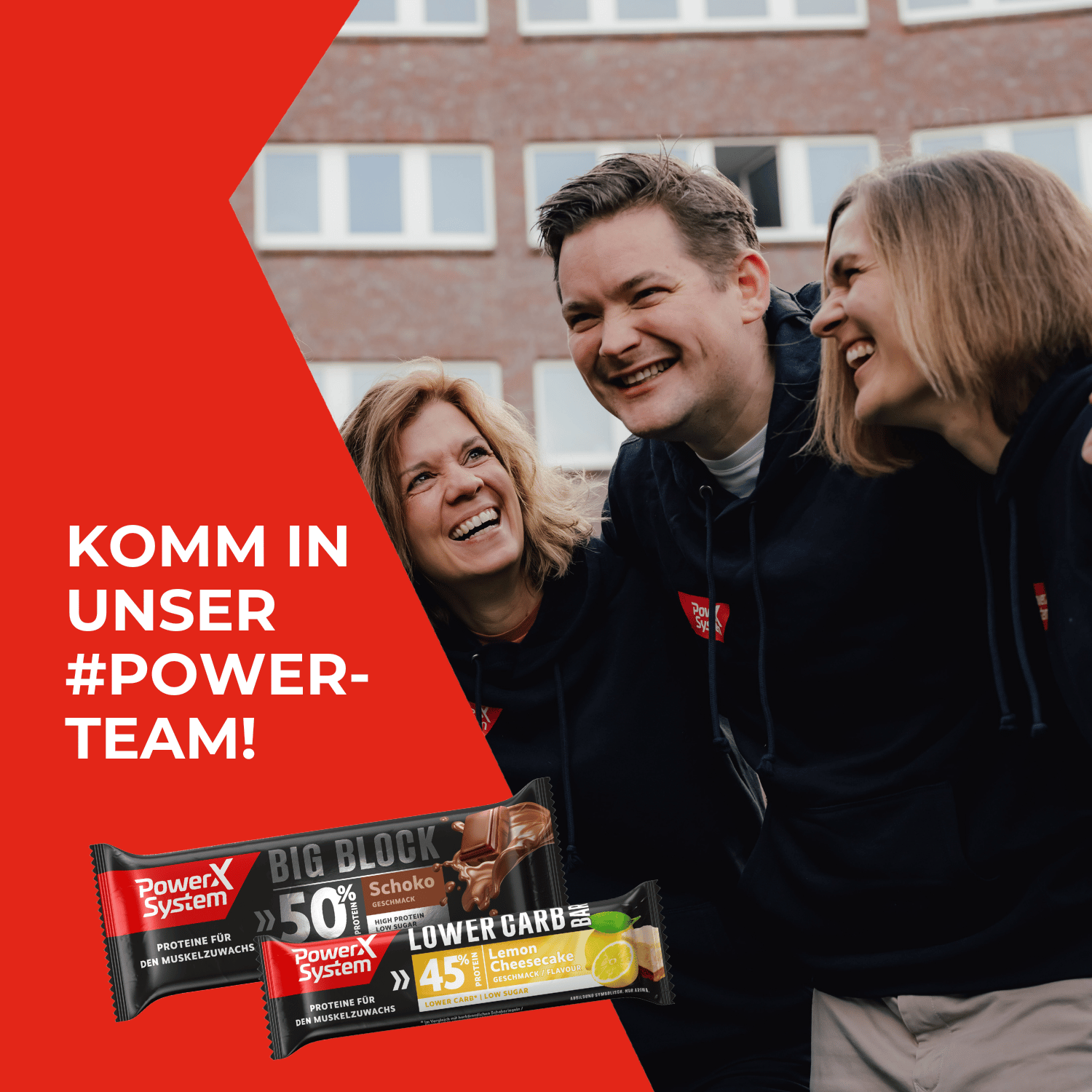 Fröhliche Menschen und der Aufruf Komm in unser Power Team