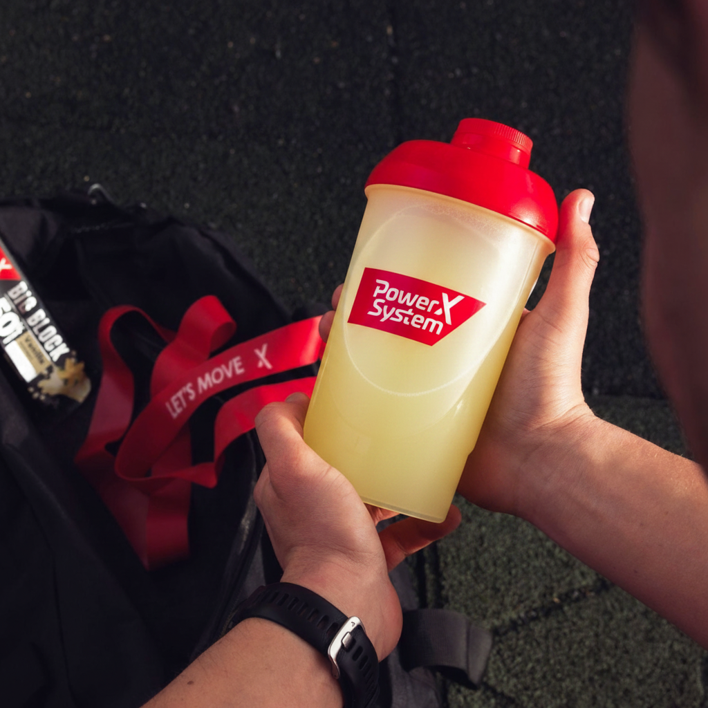 Shaker mit der Protein Limo. Im Hintergrund eine Sporttasche mit Proteinriegel und Sportband