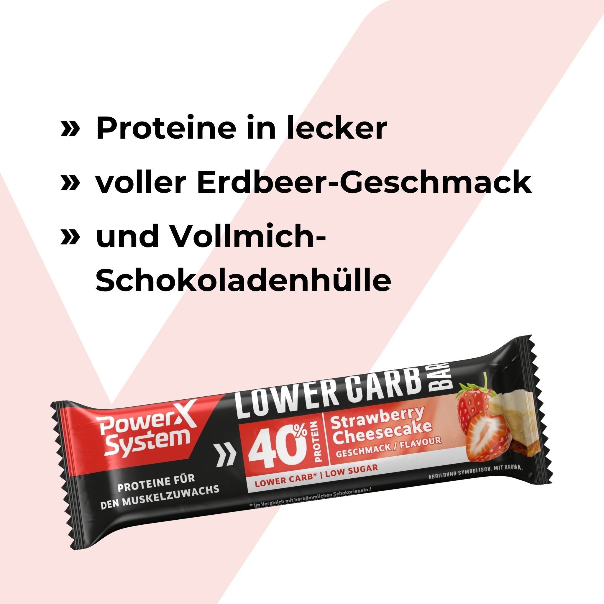 Proteinriegel Strawberry Cheescake mit vollem Erdbeer Geschmack und Vollmich-Schokoladenhülle