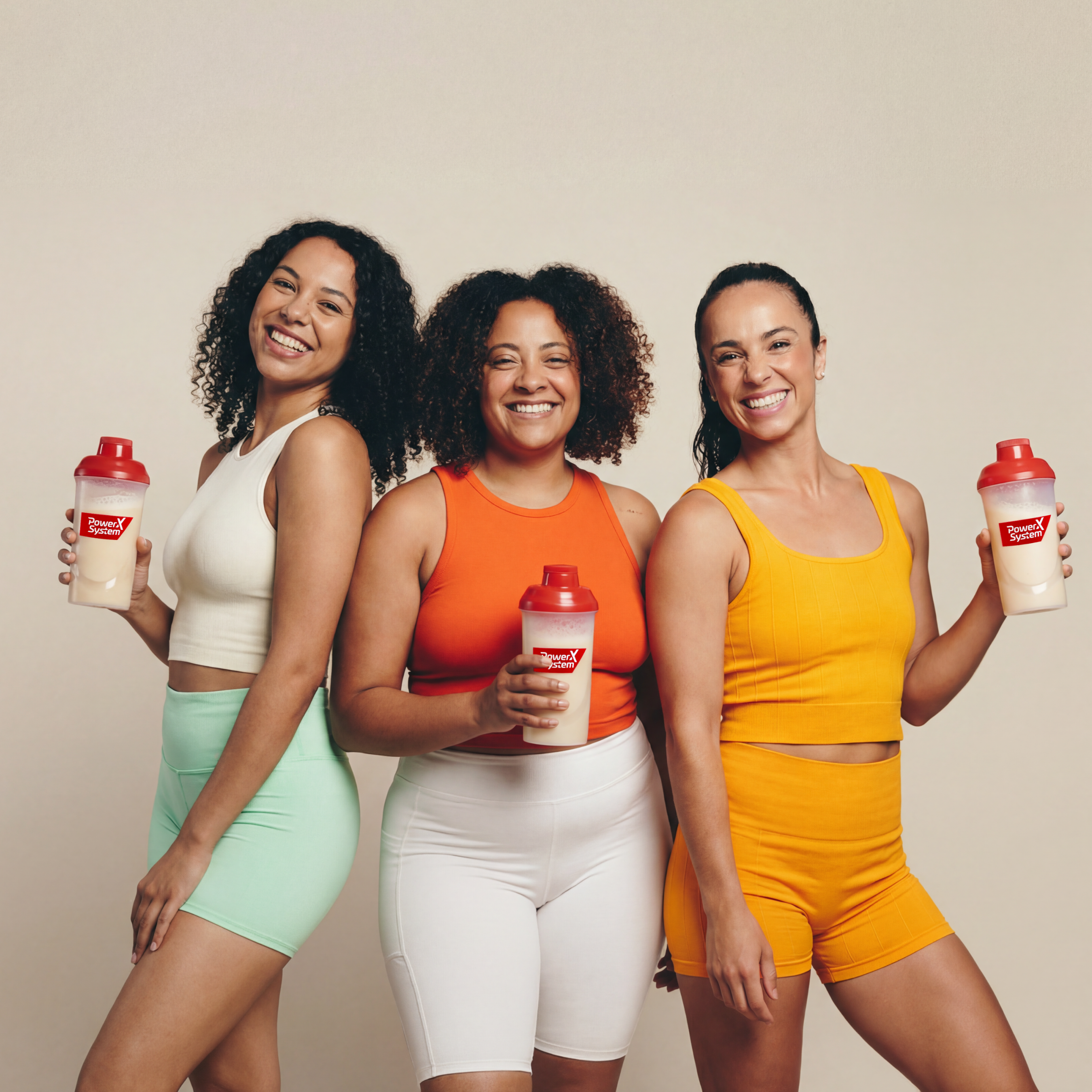 Gruppe mit 3 Frauen, die einen Power System Shaker mit Protein Shake in der Hand haben