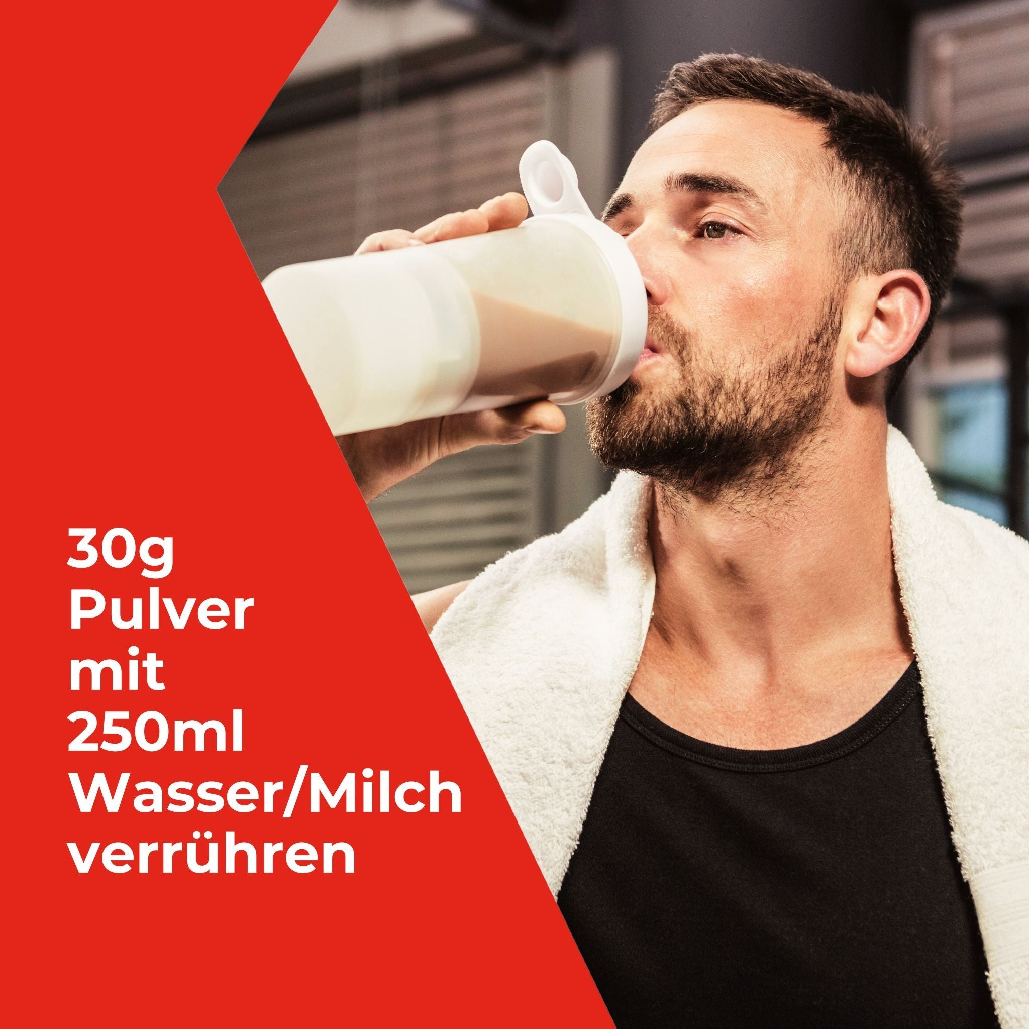 Zubereitung des Shakes 30 Gramm Pulver mit 250 ml Wasser oder Milch verrühren