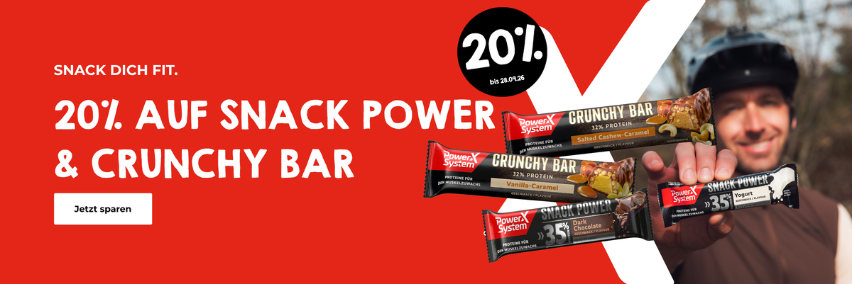 Aktionsbanner zum Thema 20% sparen auf Crunchy und Snack Power Proteinriegel mit einem fröhlichen Radfahrer der einen Riegel präsentiert