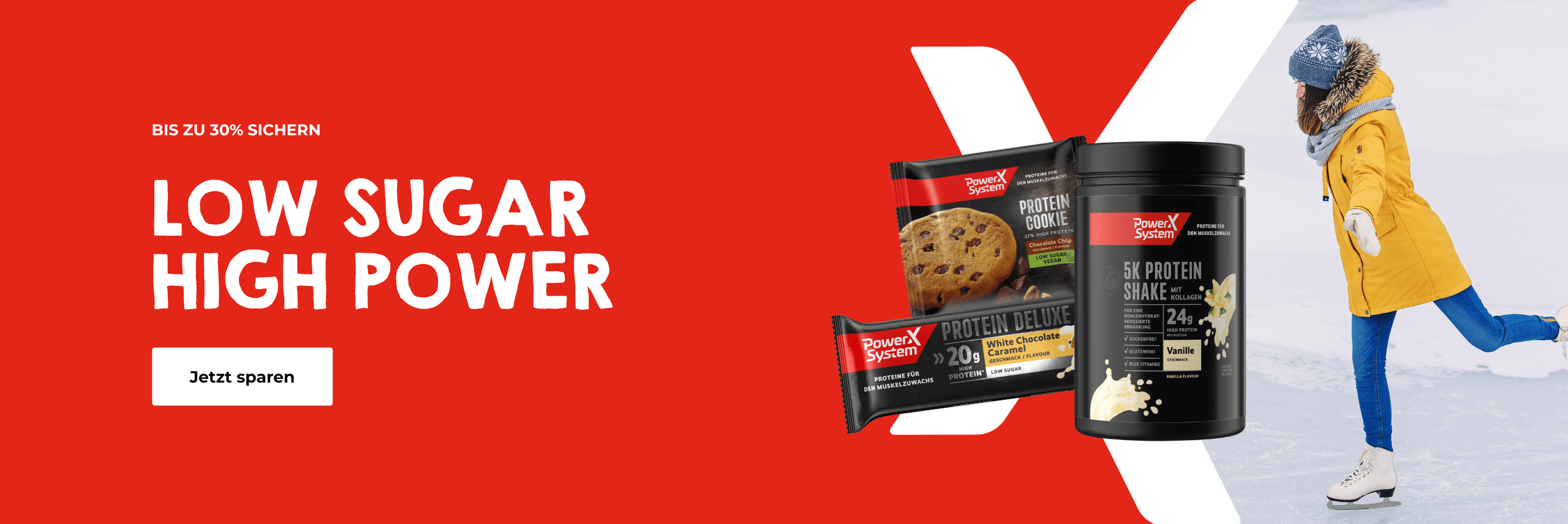 Frau, die Schlittschuh läuft. Abbildung 3 Produkte mit Hinweis auf die Low Sugar Aktion mit bis z 30% Rabatt