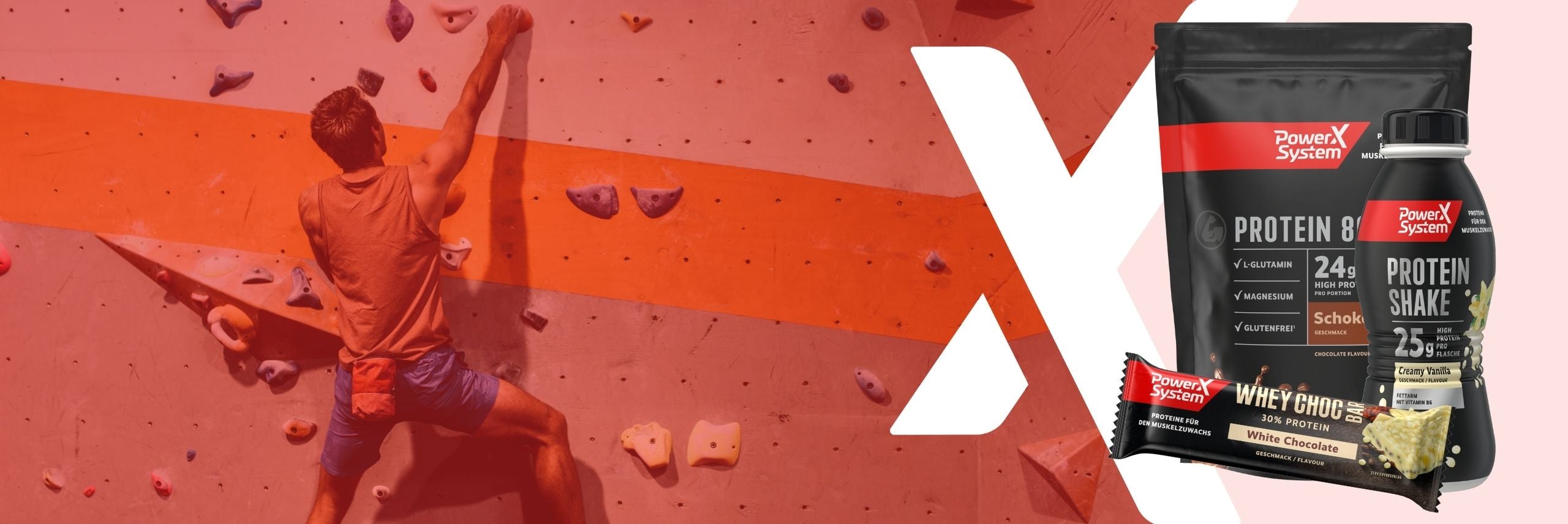 Kategoriebild Probiersets. 1 Mann ist beim Inddor Climbing. Ein Sortiment mit Proteinshake, Pulver und Riegel ist im Vordergrund abgebildet