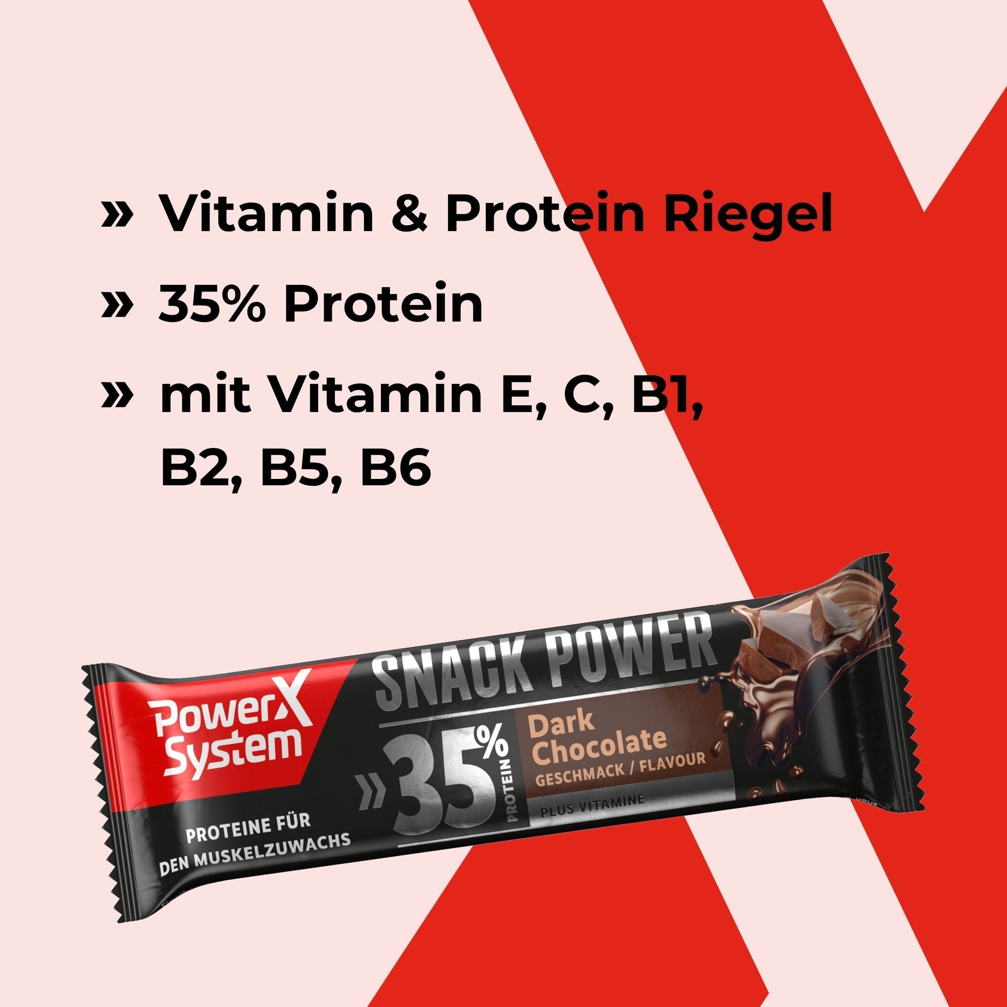 Snack Power Proteinriegel dubkle Schokolade mit Vitamn E, C, B1, B2, B5, B6 und 35% Eiweiss