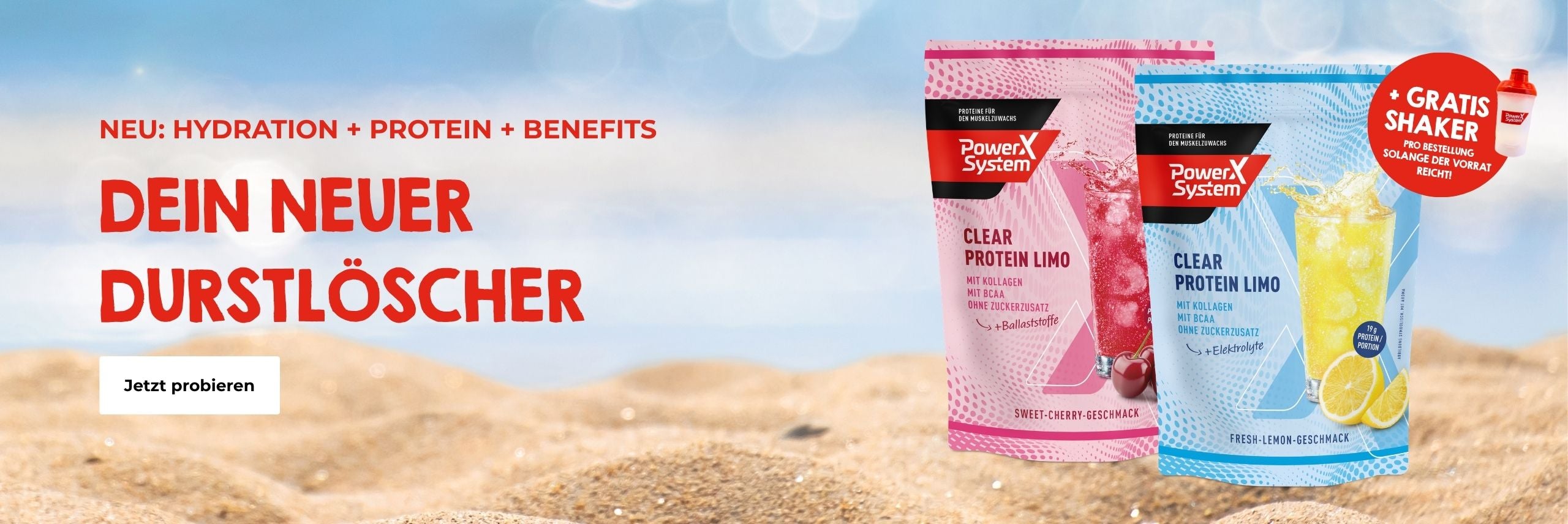 Neu: Hydration, Protein und Benefits. Dein neuer Durstlöscher. Jetzt probieren. Beutel mit den beiden Sorten auf einem Strand