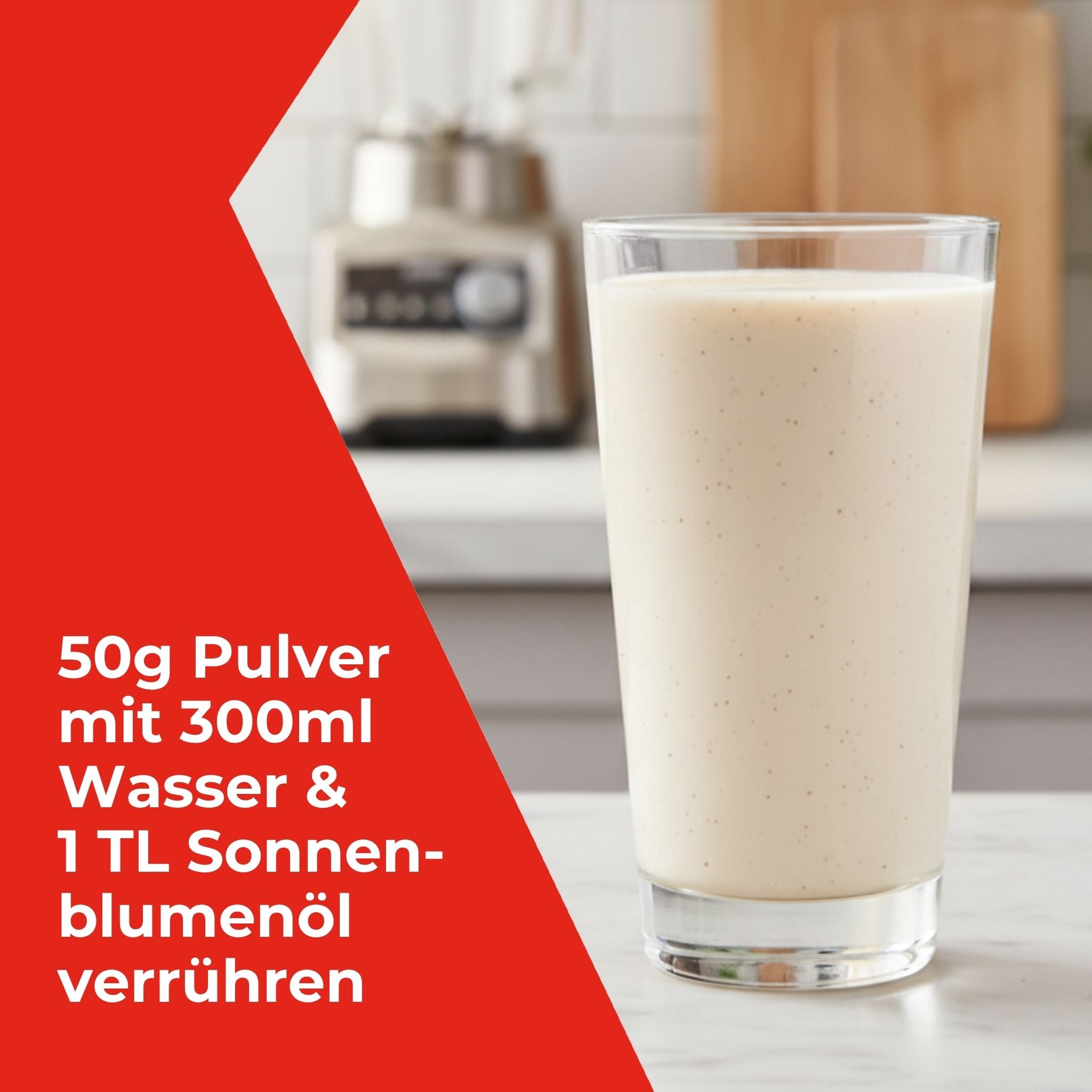 50g Pulver mit 300ml Wasser und 1 Teelöffel Sonnenblumenöl verrühren