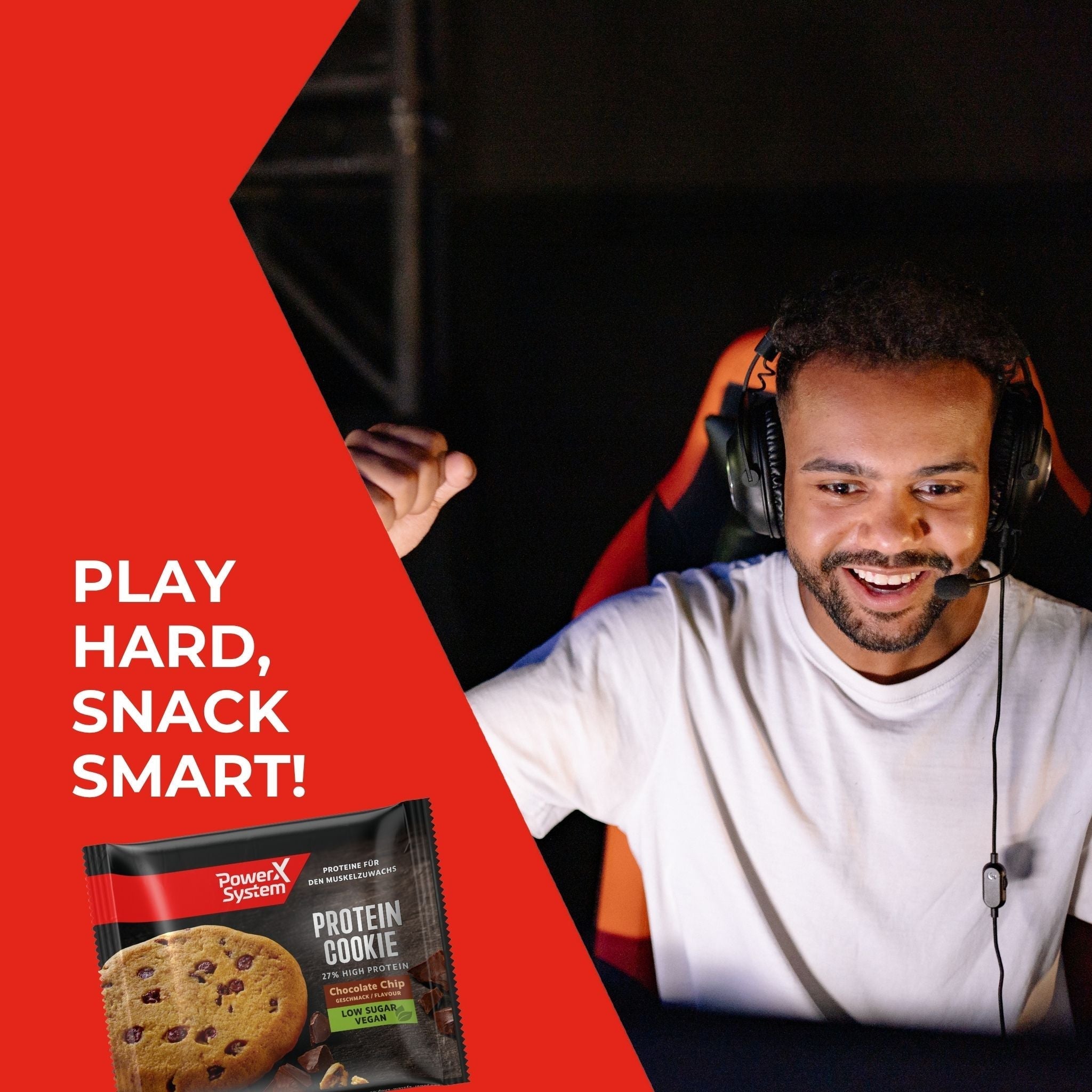 Gamer mit der abbildung des Protein Keks 