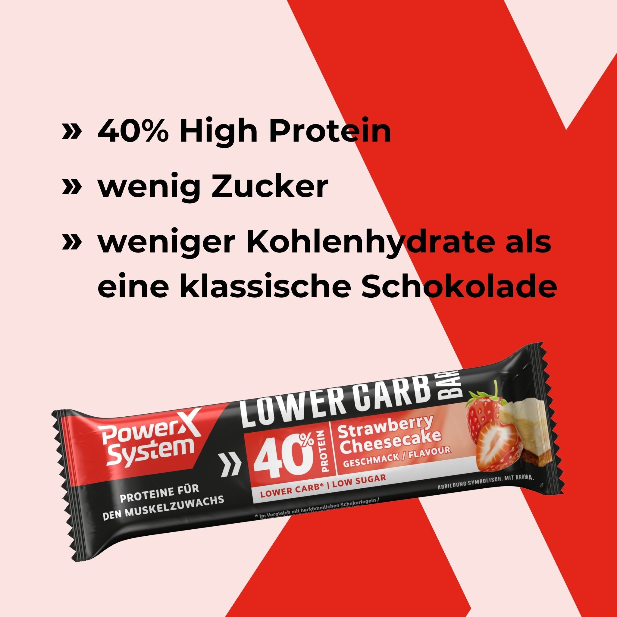 Lower Carb Proteinriegel Strawberry Cheescake mit 40 Prozent Protein, wenig Zucker und Kohlenhydrate