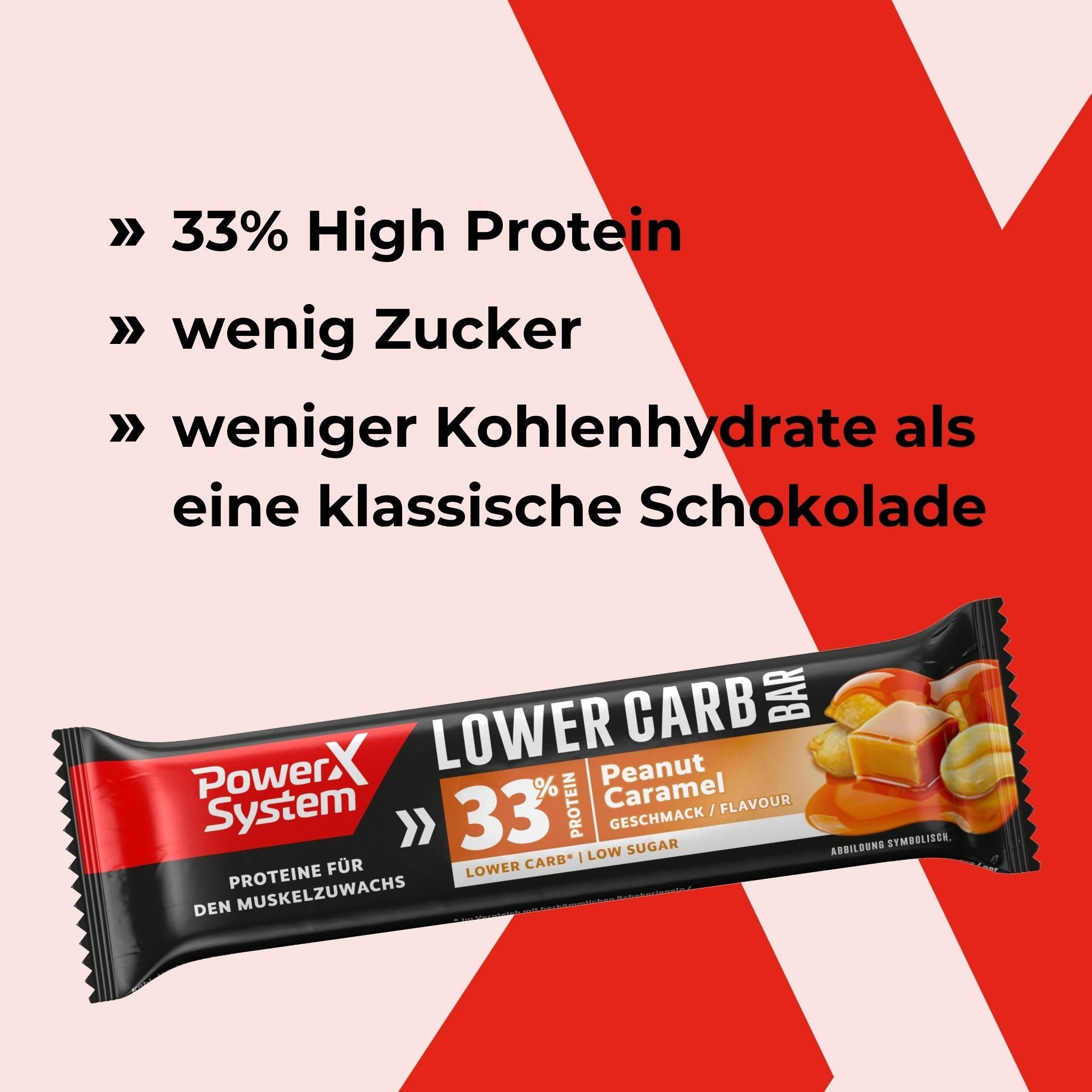 Lower Carb Proteinriegel Peanut Caramel mit 33 Prozent Protein, wenig Zucker und Kohlenhydrate