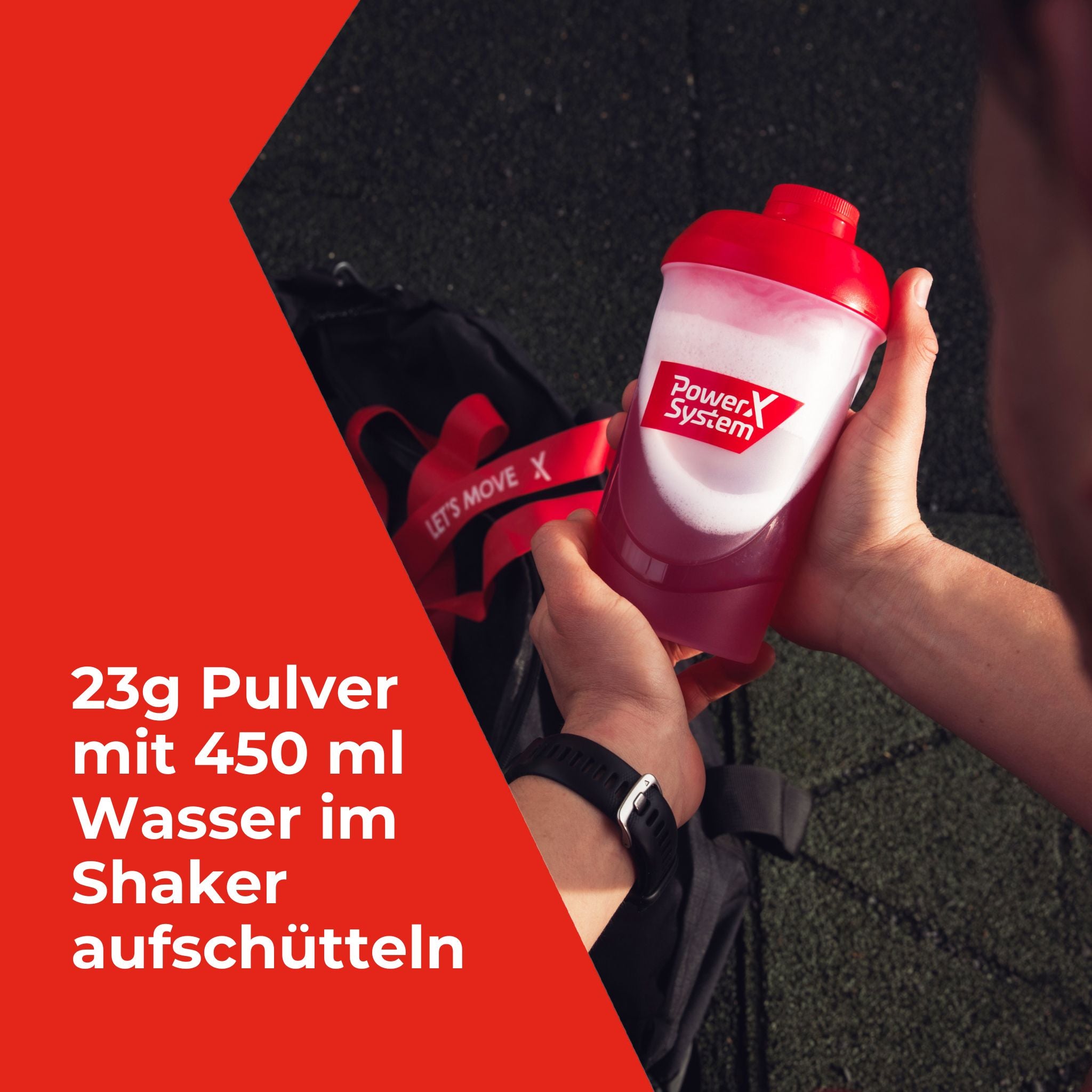 30g Pulver mit 250ml Wasser oder Milch verrühren oder shaken
