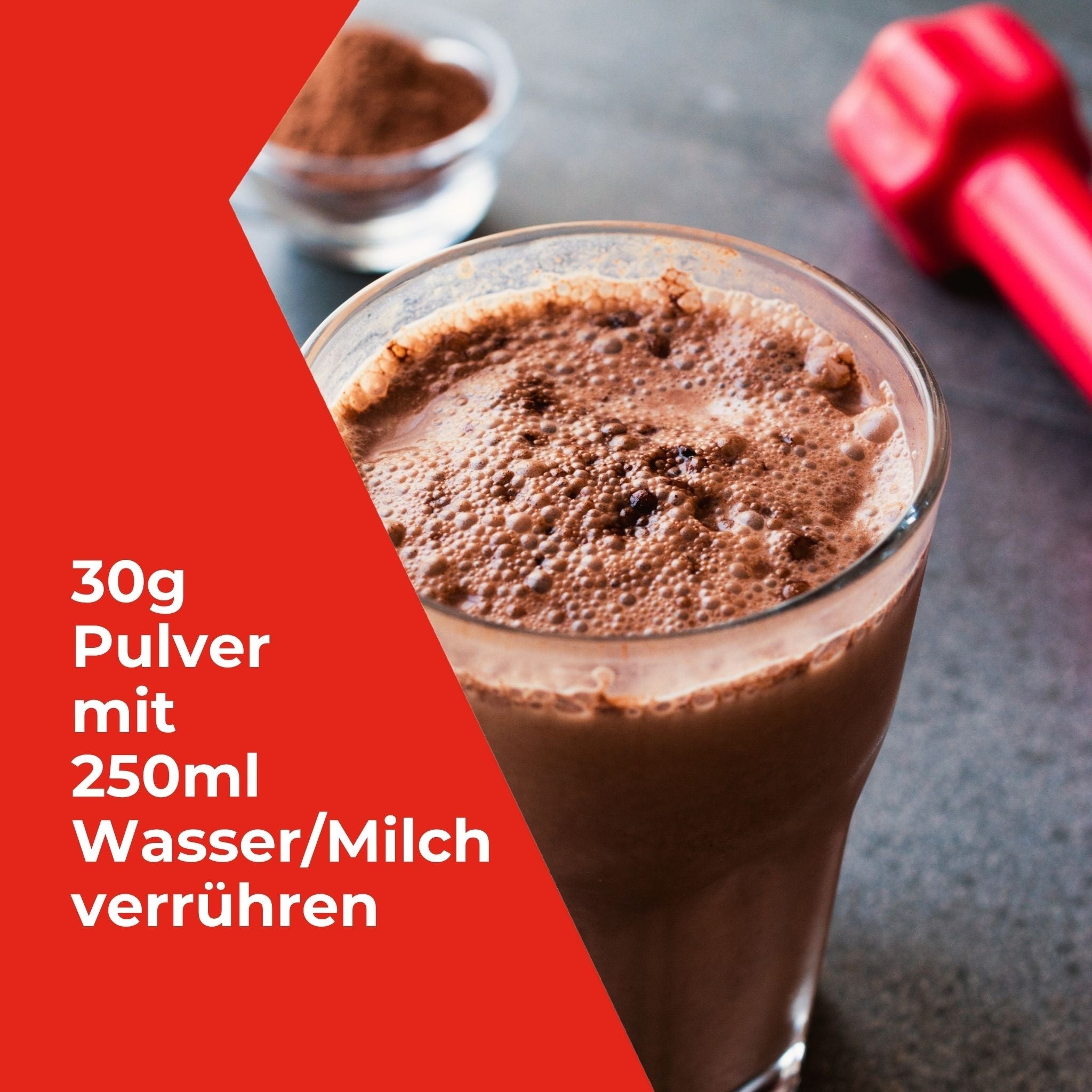 Zubereitung des Shakes 30 Gramm Pulver mit 250 ml Wasser oder Milch verrühren